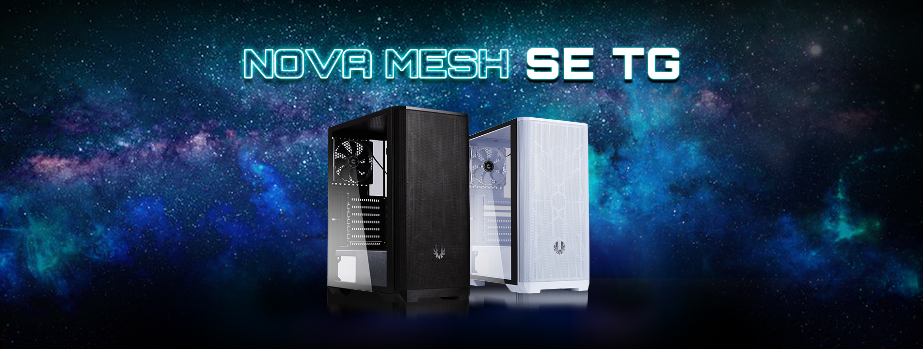 A NOVA MESH SE TG black case and a NOVA MESH SE TG white case are standing againsta backdrop of universe